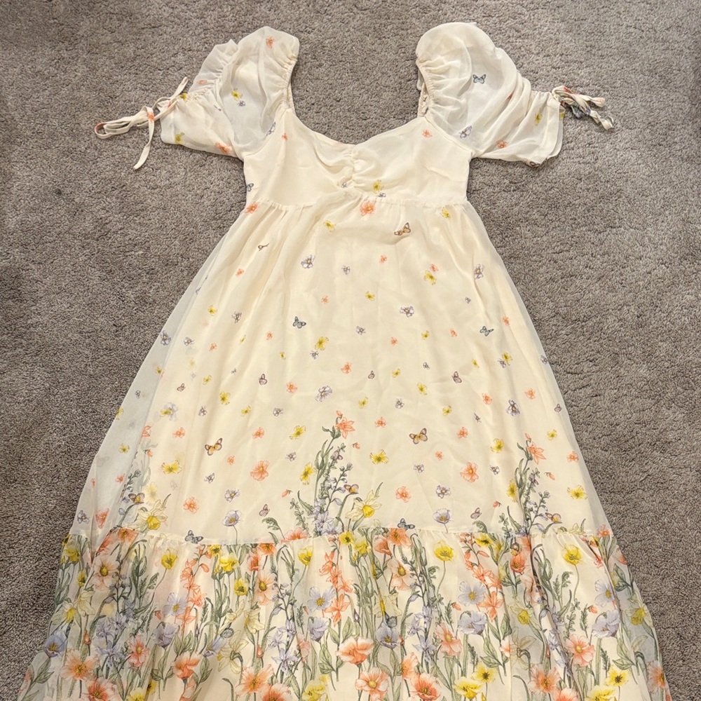 Ivory Floral Midi Dress with Puff Sleeves